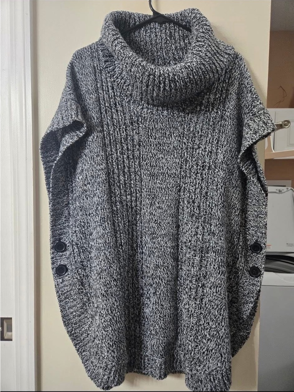 Cozy Grey Turtleneck Button-Sleeve Sweater Poncho